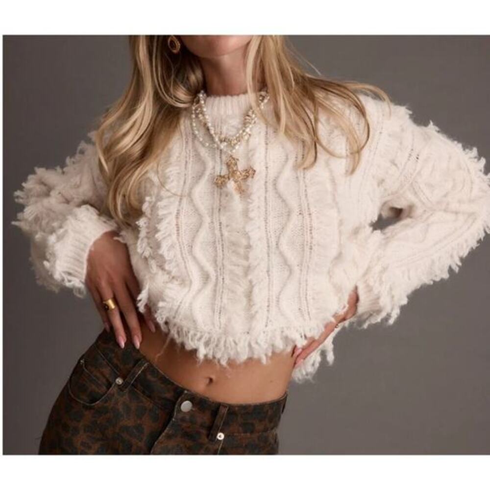 12th Tribe Lorie Beige Women's Fringe Sweater Boho Edgy Chic Lightweight Knit XS